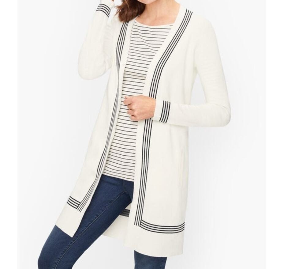 Talbots White Tipped Cotton Longline Duster Cardigan Sweater Varsity Prep - L